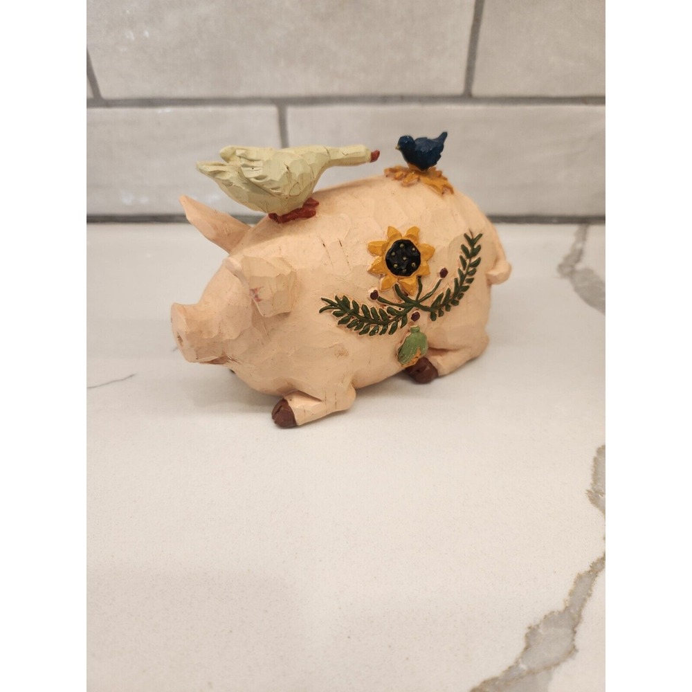 Resin Pig With Goose And Bird On Back And Sunflower Design On His Side Farmhouse
